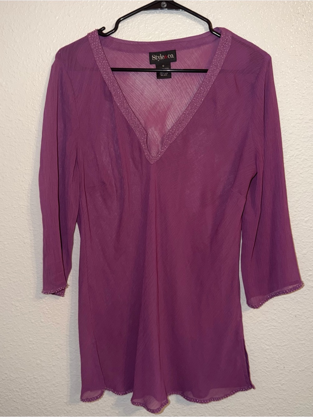 Style & Co. purple sheer blouse with beaded trim